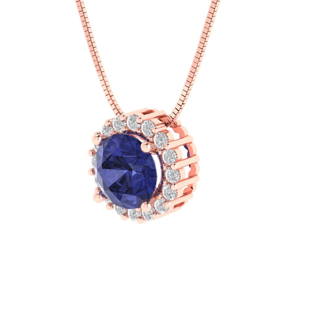 1.16 tcw Necklace Pendant - 14K White Gold Round Cut Halo Tanzanite - Adjustable Length - 15in Box Chain to 18in