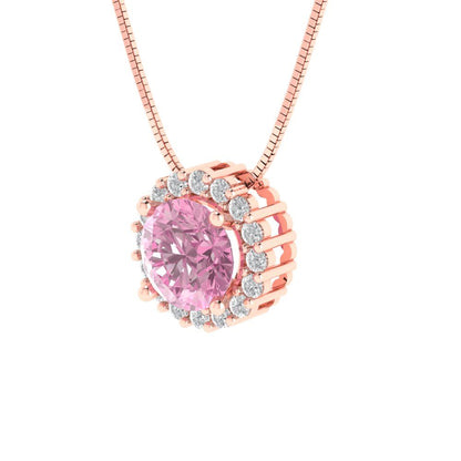 1.16 tcw Necklace Pendant - 14K White Gold Round Cut Halo Pink - Adjustable Length - 15in Box Chain to 18in