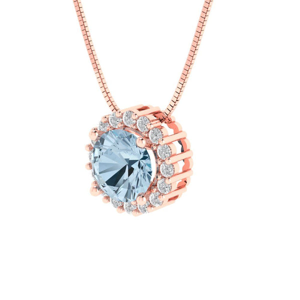 1.24 ct Brilliant Round Cut Halo Natural Sky Blue Topaz Stone Rose Gold Pendant with 16" Chain