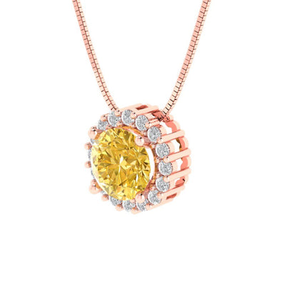 1.16 tcw Necklace Pendant - 14K White Gold Round Cut Halo Citrine - Adjustable Length - 15in Box Chain to 18in
