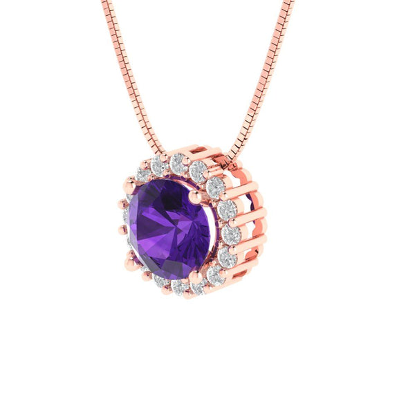 1.24 ct Brilliant Round Cut Halo Natural Amethyst Stone Rose Gold Pendant with 16" Chain