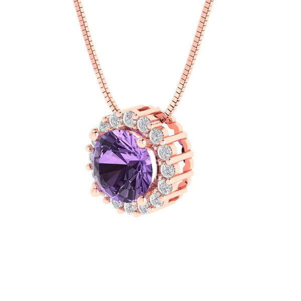 1.24 ct Brilliant Round Cut Halo Simulated Alexandrite Stone Rose Gold Pendant with 16" Chain