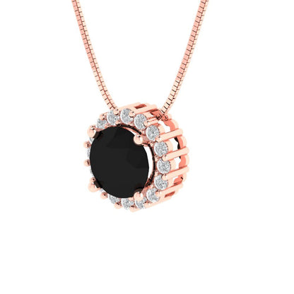 1.16 tcw Necklace Pendant - 14K White Gold Round Cut Halo Onyx - Adjustable Length - 15in Box Chain to 18in