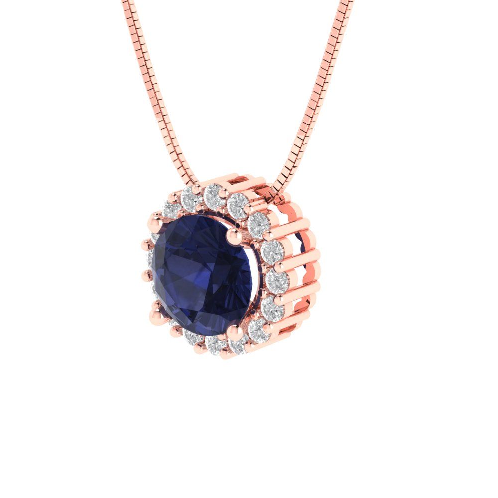 1.16 tcw Necklace Pendant - 14K White Gold Round Cut Halo Bluesapphire - Adjustable Length - 15in Box Chain to 18in