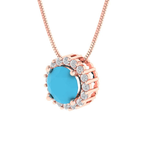 1.24 ct Brilliant Round Cut Halo Simulated Turquoise Stone Rose Gold Pendant with 16" Chain