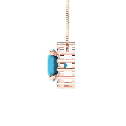 1.16 tcw Necklace Pendant - 14K White Gold Round Cut Halo Turquoise - Adjustable Length - 15in Box Chain to 18in