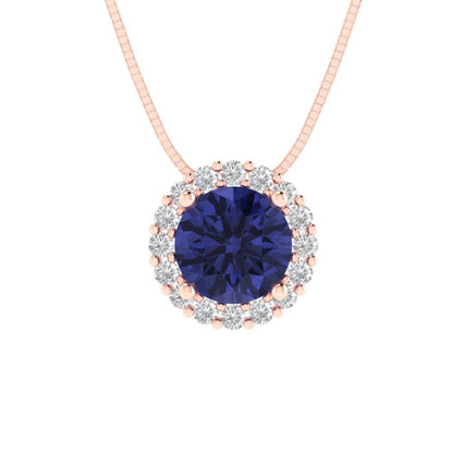 1.16 tcw Necklace Pendant - 14K White Gold Round Cut Halo Tanzanite - Adjustable Length - 15in Box Chain to 18in