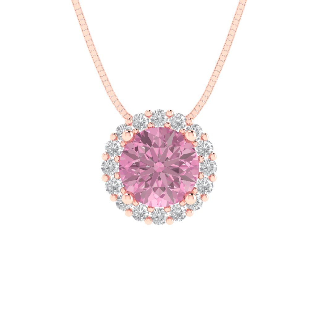 1.16 tcw Necklace Pendant - 14K White Gold Round Cut Halo Pink - Adjustable Length - 15in Box Chain to 18in