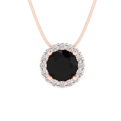 1.16 tcw Necklace Pendant - 14K White Gold Round Cut Halo Onyx - Adjustable Length - 15in Box Chain to 18in