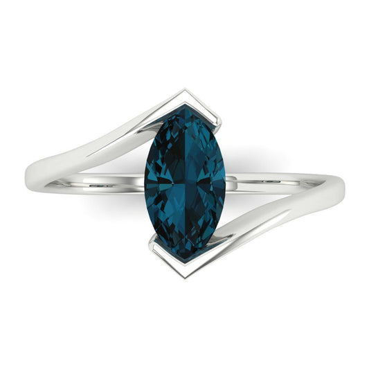 1 cttw Natural London Blue Topaz Solitaire  Engagement Ring - Solid White Gold (VVS1, Marquise Cut,10x8mm )