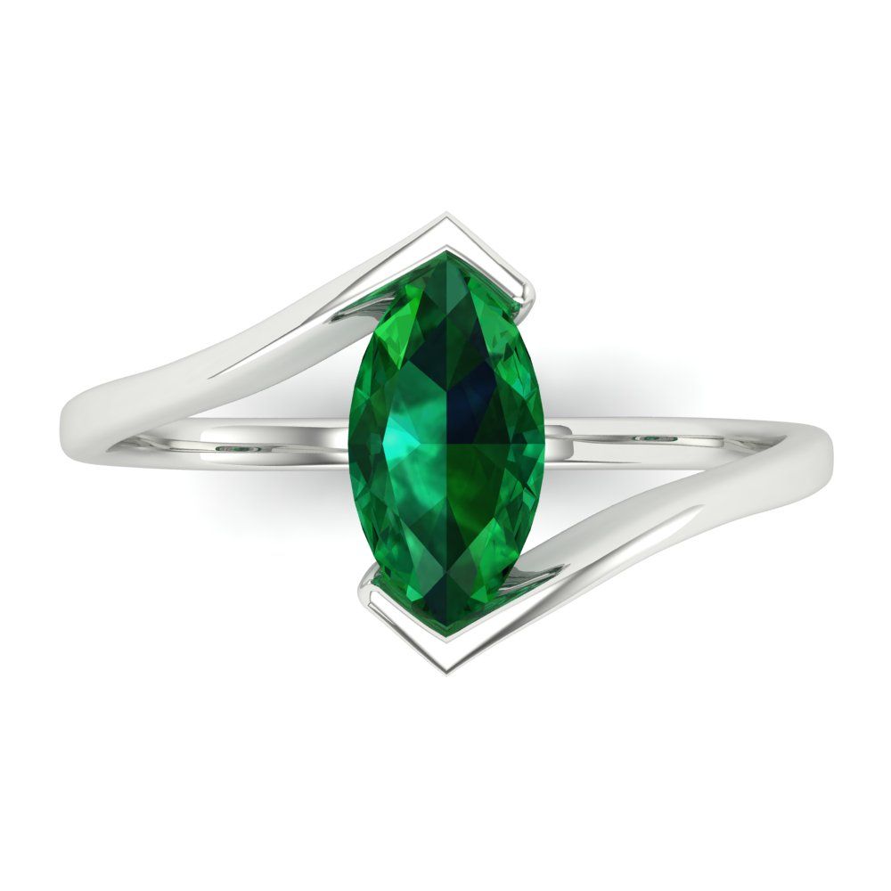 1 cttw Simulated Emerald Solitaire  Engagement Ring - Solid White Gold (VVS1, Marquise Cut,10x8mm )