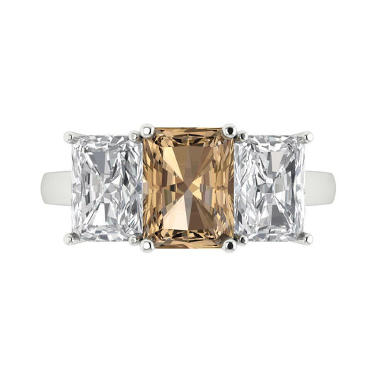 4 cttw Zirconia Simulated Champagne Diamond Three-Stone Engagement Ring - Solid White Gold (VVS1, Emerald Cut,8x6mm)