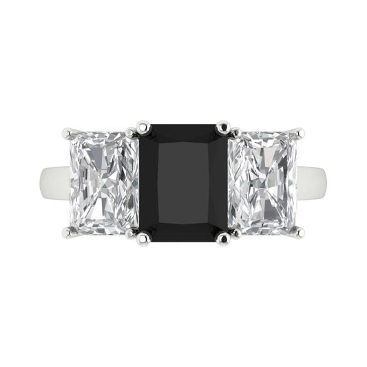 4 cttw Natural Onyx Three-Stone Engagement Ring - Solid White Gold (VVS1, Emerald Cut,8x6mm)
