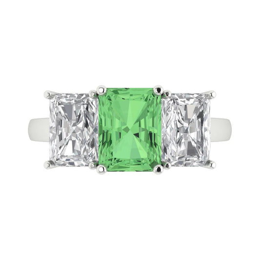 4 cttw Zirconia Simulated Green Diamond Three-Stone Engagement Ring - Solid White Gold (VVS1, Emerald Cut,8x6mm)