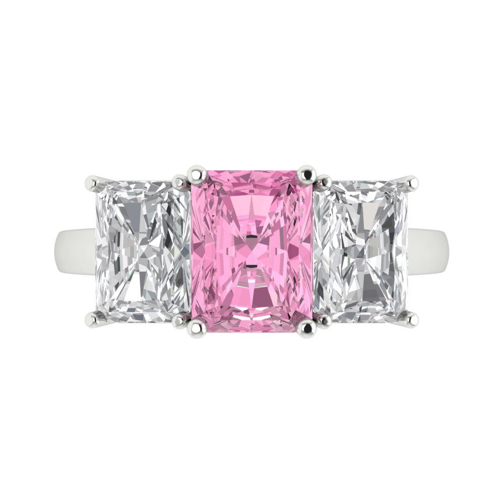 4 cttw Zirconia Simulated Pink Diamond Three-Stone Engagement Ring - Solid Gold (VVS1, Emerald Cut,8x6mm)
