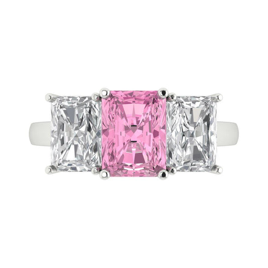 4 cttw Zirconia Simulated Pink Diamond Three-Stone Engagement Ring - Solid White Gold (VVS1, Emerald Cut,8x6mm)