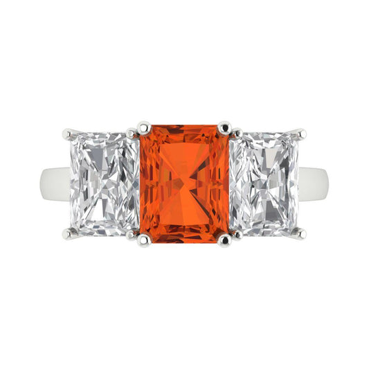4 cttw Zirconia Simulated Red Diamond Three-Stone Engagement Ring - Solid White Gold (VVS1, Emerald Cut,8x6mm)