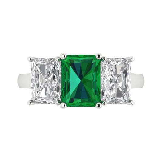 4 cttw Simulated Emerald Three-Stone Engagement Ring - Solid White Gold (VVS1, Emerald Cut,8x6mm)