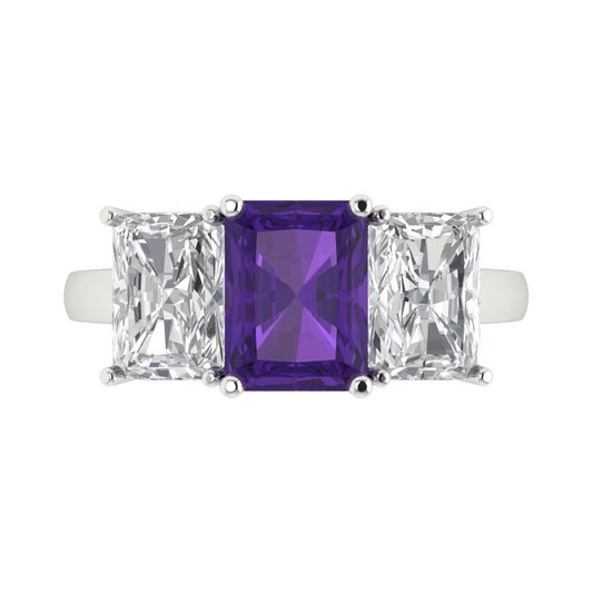4 cttw Natural Amethyst Three-Stone Engagement Ring - Solid White Gold (VVS1, Emerald Cut,8x6mm)