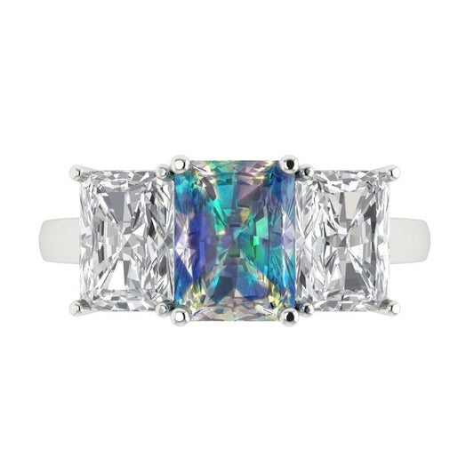 4 cttw Blue Moissanite Three-Stone Engagement Ring - Solid White Gold (VVS1, Emerald Cut,8x6mm)