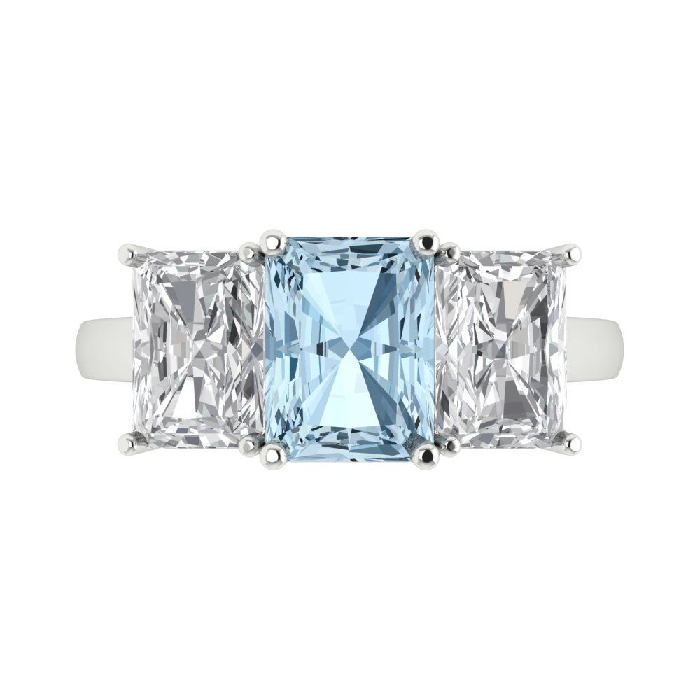 4 cttw Natural Aquamarine Three-Stone Engagement Ring - Solid Gold (Emerald Cut,8x6mm)