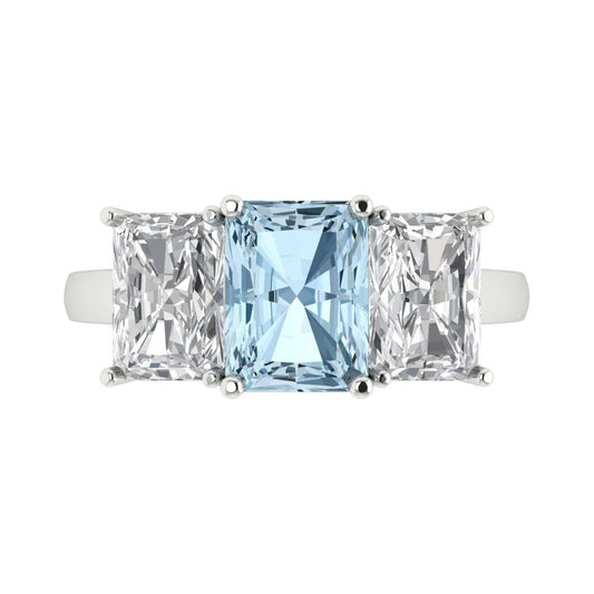 4 cttw Zirconia Simulated Blue Diamond Three-Stone Engagement Ring - Solid White Gold (VVS1, Emerald Cut,8x6mm)