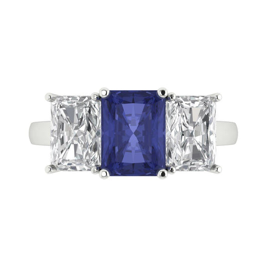 4 cttw Simulated Tanzanite Three-Stone Engagement Ring - Solid White Gold (VVS1, Emerald Cut,8x6mm)