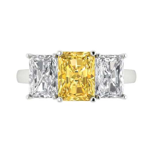 4 cttw Zirconia Simulated Yellow Diamond Three-Stone Engagement Ring - Solid White Gold (VVS1, Emerald Cut,8x6mm)