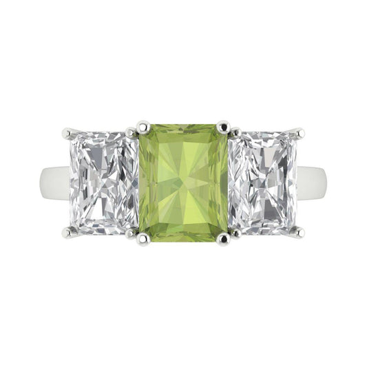 4 cttw Natural Peridot Three-Stone Engagement Ring - Solid White Gold (VVS1, Emerald Cut,8x6mm)