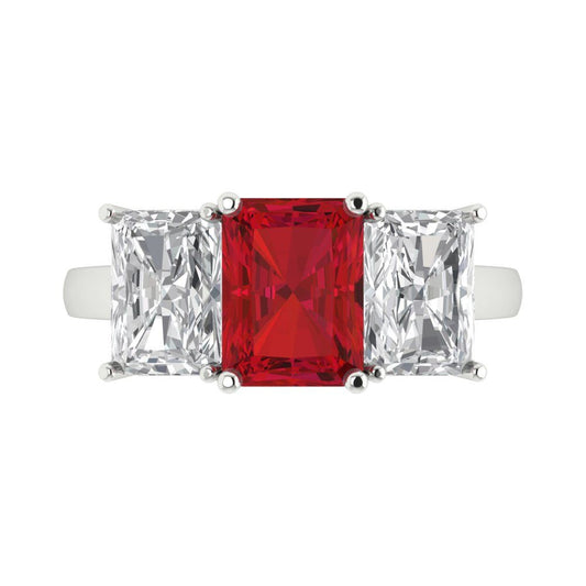4 cttw Simulated Pink Tourmaline Three-Stone Engagement Ring - Solid White Gold (VVS1, Emerald Cut,8x6mm)