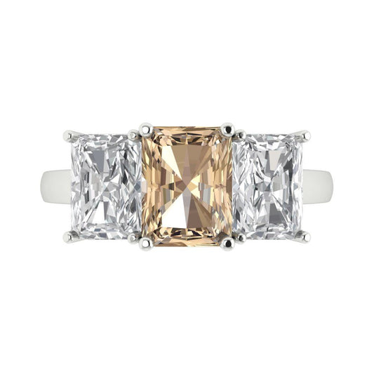 4 cttw Yellow Moissanite Three-Stone Engagement Ring - Solid White Gold (VVS1, Emerald Cut,8x6mm)