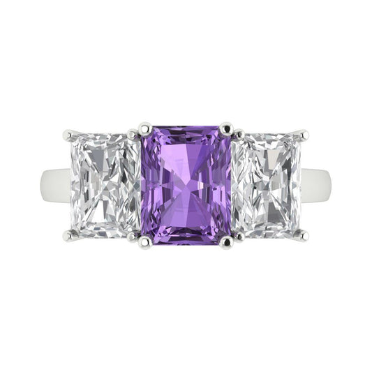 4 cttw Simulated Alexandrite Three-Stone Engagement Ring - Solid White Gold (VVS1, Emerald Cut,8x6mm)