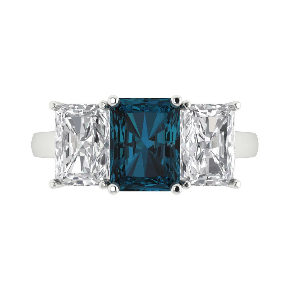 4 cttw Natural London Blue Topaz Three-Stone Engagement Ring - Solid Gold (Emerald Cut,8x6mm)