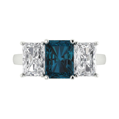 4 cttw Natural London Blue Topaz Three-Stone Engagement Ring - Solid Gold (Emerald Cut,8x6mm)
