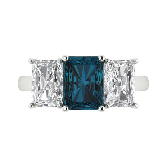 4 cttw Natural London Blue Topaz Three-Stone Engagement Ring - Solid White Gold (VVS1, Emerald Cut,8x6mm)