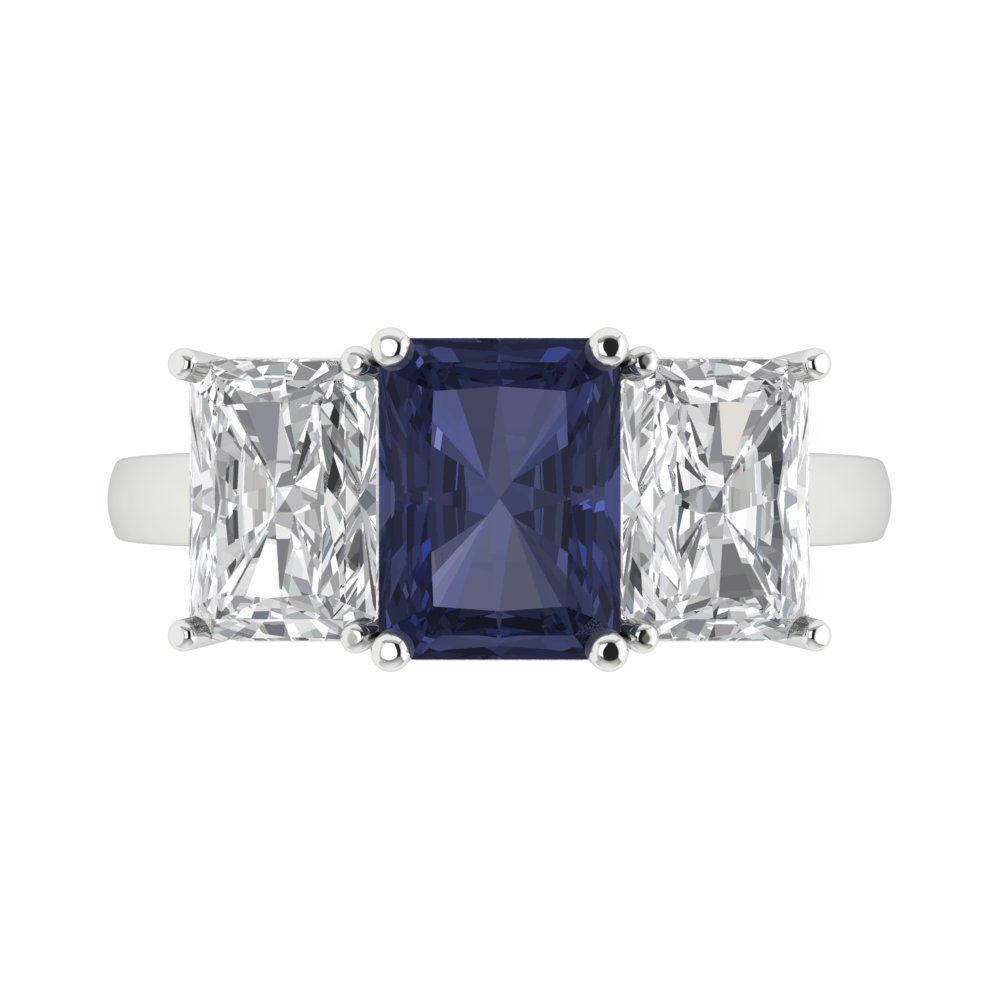 4 cttw Simulated Blue Sapphire Three-Stone Engagement Ring - Solid Gold (Emerald Cut,8x6mm)