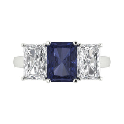 4 cttw Simulated Blue Sapphire Three-Stone Engagement Ring - Solid Gold (Emerald Cut,8x6mm)