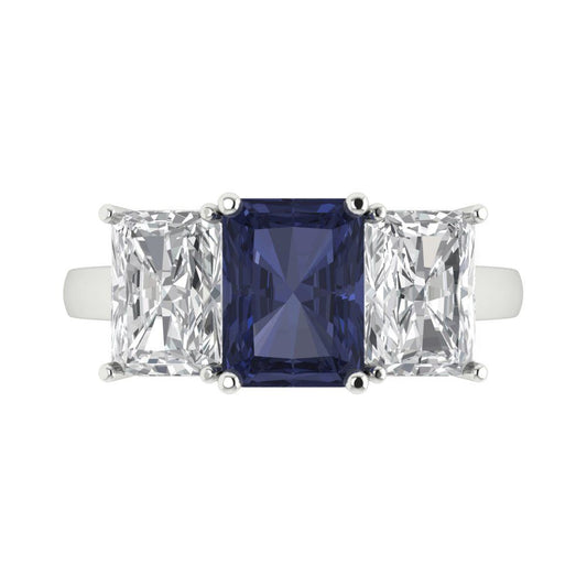 4 cttw Simulated Blue Sapphire Three-Stone Engagement Ring - Solid White Gold (VVS1, Emerald Cut,8x6mm)