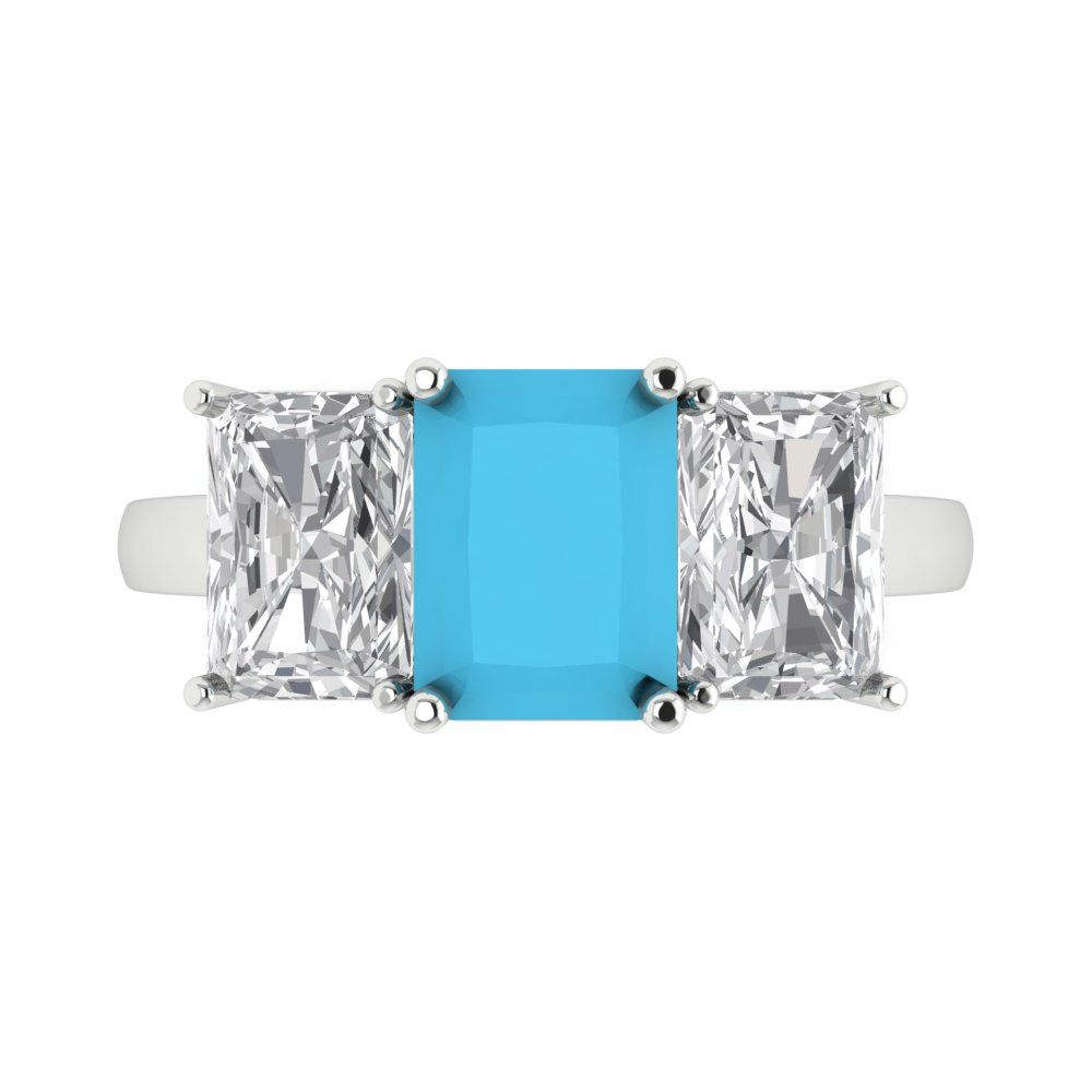 4 cttw Simulated Turquoise Three-Stone Engagement Ring - Solid Gold (Emerald Cut,8x6mm)