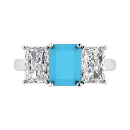 4 cttw Simulated Turquoise Three-Stone Engagement Ring - Solid Gold (Emerald Cut,8x6mm)