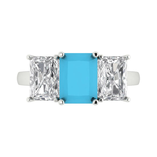 4 cttw Simulated Turquoise Three-Stone Engagement Ring - Solid White Gold (VVS1, Emerald Cut,8x6mm)