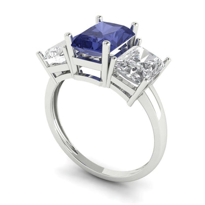 4 cttw Simulated Tanzanite Three-Stone Engagement Ring - Solid Gold (Emerald Cut,8x6mm)