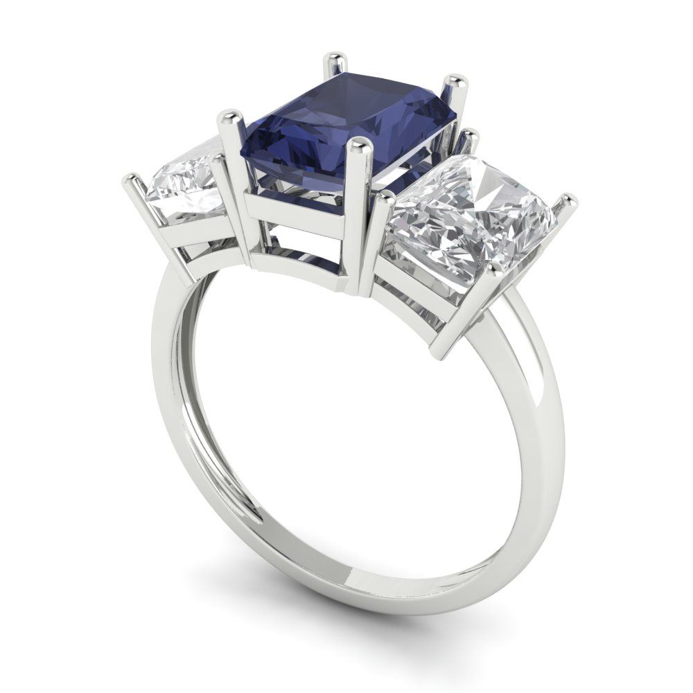 4 cttw Simulated Blue Sapphire Three-Stone Engagement Ring - Solid Gold (Emerald Cut,8x6mm)