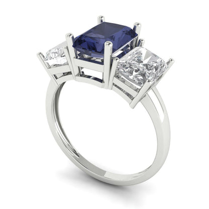 4 cttw Simulated Blue Sapphire Three-Stone Engagement Ring - Solid Gold (Emerald Cut,8x6mm)