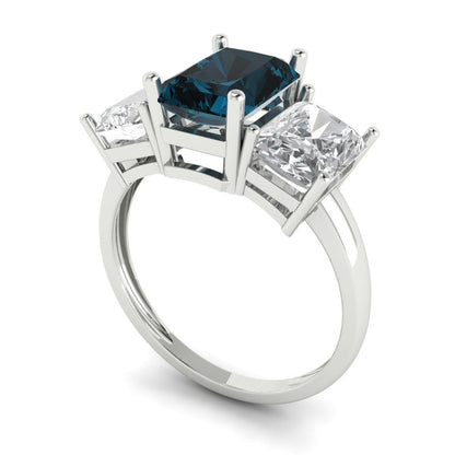 4 cttw Natural London Blue Topaz Three-Stone Engagement Ring - Solid Gold (Emerald Cut,8x6mm)