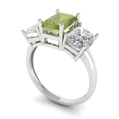 4 cttw Natural Peridot Three-Stone Engagement Ring - Solid Gold (Emerald Cut,8x6mm)