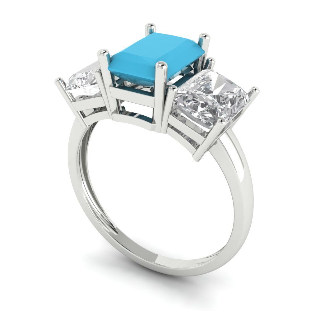 4 cttw Simulated Turquoise Three-Stone Engagement Ring - Solid Gold (Emerald Cut,8x6mm)