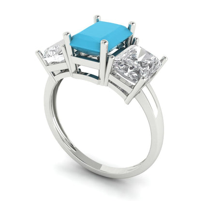 4 cttw Simulated Turquoise Three-Stone Engagement Ring - Solid Gold (Emerald Cut,8x6mm)