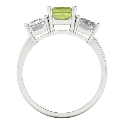 4 cttw Natural Peridot Three-Stone Engagement Ring - Solid Gold (Emerald Cut,8x6mm)