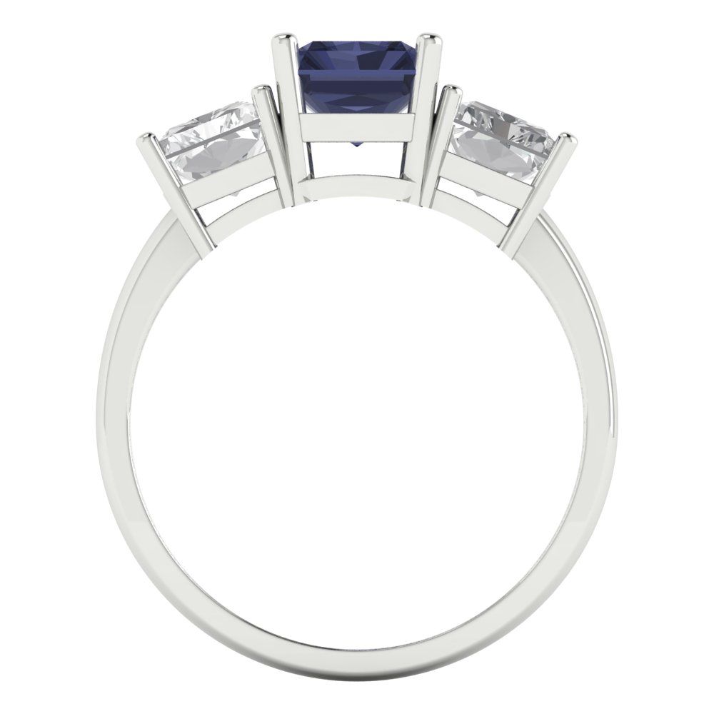 4 cttw Simulated Blue Sapphire Three-Stone Engagement Ring - Solid Gold (Emerald Cut,8x6mm)